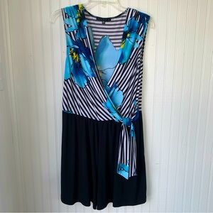 Tiana B. (Petite XL) Romper, Black & White top half w/Blue floral design; B-Neck